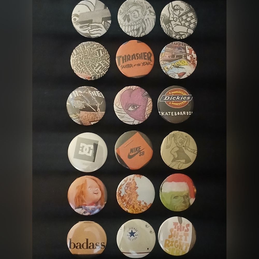 Lot Of 18 Small 1.25 Inch Thrasher Skateboarding Buttons Nike Dickies DC